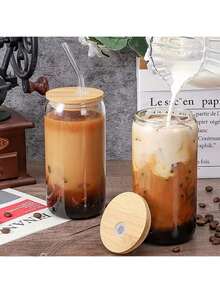1/6pcs Set Premium Elegant Bamboo Lid With Straw Coffee/Tea Cup, High-End Bamboo Lid With Straw Milk Tea Cup, Milk Tea Bamboo Lid Straw Cup, Heat & Cold Resistant, Minimalist Style Office Mug