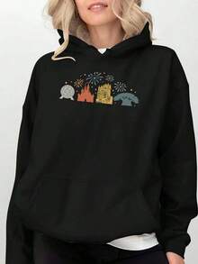 Disneyland Landmarks And Fireworks Celebration Womens Hoodies Black Grey Red - 黑色 - 查看 2