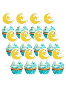 6/12/18/24pcs Star & Moon Cake Toppers, Glitter Paper Cupcake Picks, Party Supplies Tabletop Decorations - Gold - View 4