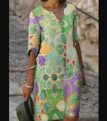 WISH Printed V-Neck Wide Abstract Retro Artistic Round Neck Five-Sleeve Plus Size Dress Women's Long Sleeve - 圖案15 - 查看 5