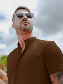 Men's Short-Sleeve Shirt With Mandarin Collar And Linen-Look - Assorted Colors - Comfortable - Rust Brown - View 4