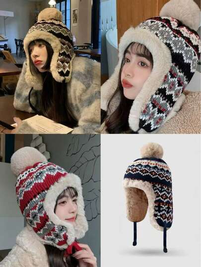 1pc Women's Colorblock Furry Warm Knit Beanie Hat, Autumn/Winter, Suitable For Christmas And Outdoor Use In Winter