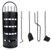 LILIIN Juego de 5 piezas para chimenea, de acero inoxidable y hierro fundido, con mangos de acero inoxidable para chimenea, estufa de leña, incluye atizador y pala para cenizas (plateado/negro). - Negro - Ver 2