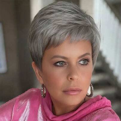 Women's Brazilian Grey Human Hair Wig - Salt And Pepper Grey, Short Straight 4-Inch Layered Grey Hair, Glueless Rose Net Cap, 180% Density (Stylist-Ready) | No Shedding/Tangling, Versatile Styles ( Casual Elegant Preppy Business Modest Romantic Glamorous Vintage Street Sporty Cute Royal Simple Vacation Daily Holiday ), New Year Costume, Cosplay Wig, Party Wig, Wedding Wig, Festival Wig