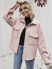 Chaqueta Con Solapa Para Mujer, Chamarra Informales Para Mujer, Con Solapa, Chamarra De Invierno Con Un  Solo Botonadura, Chamarra Cálido - Rosa - Ver 3