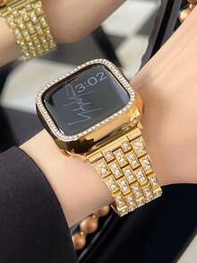Compatível com Pulseiras 38mm, 40mm, 41mm, 42mm, 44mm, 45mm, 46mm, 49mm, Pulseira de Metal Dourada Brilhante, Elegante e Luxuosa com Diamantes e Caixa na Cor Dourada com Protetor de Tela Integrado, Compatível com Apple Watch Ultra 3/2/1/SE/S11/S10/S9/S8/S7/S6/S5/S4/S3/S2/S1 Series, Caixa de Relógio de Verão, Presente de Páscoa, Presentes para Mulheres, Festas e Bailes - Dourado - Visão 3