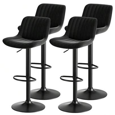 Black Dining Bar Swivel Chairs, Set Of 4 – Upholstered In Velvet, Height Adjustable, 360° Swivel Function
