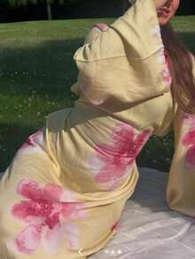 Dress Flared Sleeves Big Flower Dress Women - 黃色 - 查看 3