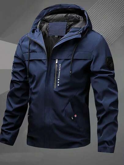 Men's Lightweight Hooded Jacket, Suitable For Spring & Summer - Black Polyester Outdoor Jacket With Drawstring, Zipper Pockets And Adjustable Cuffs, Great For Cycling, Hiking And Casual Wear