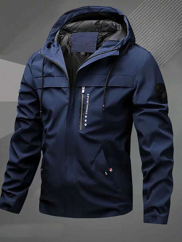 Men's Lightweight Hooded Jacket, Suitable For Spring & Summer - Black Polyester Outdoor Jacket With Drawstring, Zipper Pockets And Adjustable Cuffs, Great For Cycling, Hiking And Casual Wear