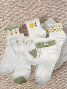 5 Pairs/10pcs Women Cute Green Flower Patterned Comfortable Breathable Crew Socks, Versatile, Fall - Multicolor - View 7