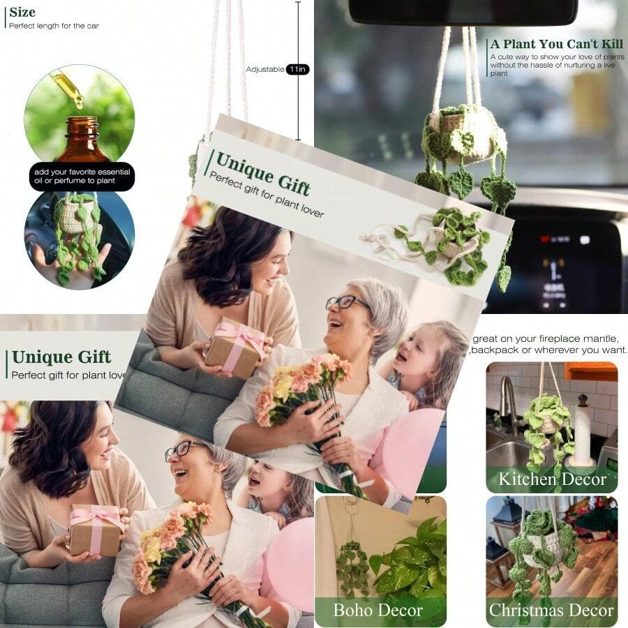 Cute Crochet Plant For Rear View Mirror Boho Handmade Car Mirror Hanging Accessory For Women And Girls Green Interior Aesthetic Decor Truck Hanger Ornament Charm - 綠色葉子植物 - 查看 1