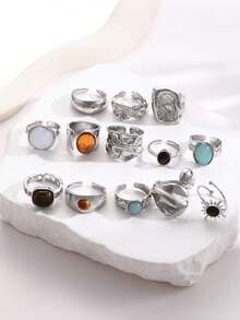 13件套时尚简约复古硬币戒指套装，镶嵌彩色仿宝石、仿虎眼石，不对称设计，适合女性佩戴，可用于度假、派对、婚礼、生日、节日、日常佩戴（不含包装盒） - 銀色 - 查看 10