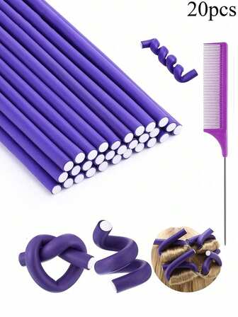 20个可弯曲泡沫卷发器，配1把尖尾梳，多功能美发工具，适合日常使用，睡眠时也可佩戴，无需加热即可卷发，适用于理发店、美容院、旅行、返校季、度假等场合，女士美发饰品。
