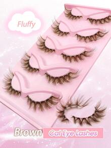 Rikuaild 5 Pairs Brown Cat Eye False Eyelashes, Transparent Band Fox Eye Fake Lashes, Brown Faux Mink Lashes, 3D Fluffy Crossed Lash Extensions For Natural Makeup - 眼尾拉長款 - 查看 3