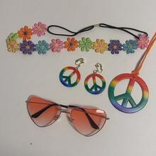 5pcs/Set Hippie Style Accessories Set: Peace Sign Necklace, Daisy Earrings, Flower Headband, Sunglasses, 60s Fashion Halloween - Blue - View 30