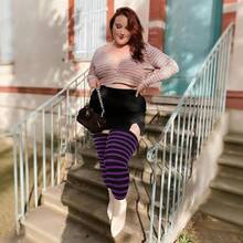 Plus Size Thigh High Socks For Women Cotton Boot Femboy Thigh High StocFKings Striped Over Knee High Socks Leg Warmers{Inchcolor_nameinch:Inch1PairPlusSize:Purple(FBlacksstripes)Inch} - 紫色的 - 查看 6