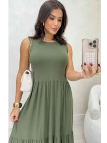 Midi Dress With Three Tiers, Tank Top Style, 100% Cotton Viscose/Lycra Knit, Comfortable And Comfy, For Modest Fashion. - 軍綠色 - 查看 2