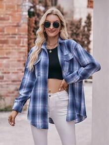 Camisa De Cuadros Para Mujer, Camisas De Gran De Manga Larga Para Mujer, Camisas De Moda Manga Larga Con Botones A Cuadros Para Mujer, Ajuste Holgado, Con Botones, Clásica A Cuadros, Camisa De Moda Informal Elegantes - Azul - Ver 2