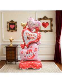 150cm Oversized Vertical Heart Shaped Balloon, Layered & Criss-Cross Design - Pink & Gold Letter And XOXO Kiss Print Pattern - Suitable For Valentine's Day, Wedding, Birthday, Anniversary - No Power Needed, Wedding & Valentine's Day Balloon - Multicolor - View 5