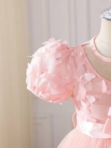 coviviky Girls' Sweet Princess Dress, Elegant Fashion 3D Butterfly Applique, Puff Sleeves And Satin Bow Waist Band Patchwork Ruffle Hem Party Wedding Flower Girl Dress - Pink - View 4