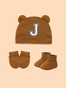 3件套新生儿礼盒，包含1顶白色经典字母装饰婴儿帽、1副防抓手套、1双连体衣，男女宝宝均可佩戴，时尚个性，适合节日、新生儿礼物和日常穿着。 - 咖色 - 查看 19