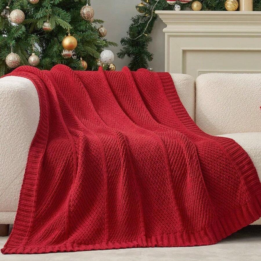 Chenille Knit Throw Blanket Couch, Cozy Texture Decorative Soft Blanket Sofa Chair, 50 Inchx60 Inch, Red - Christmas Red + 50'' X 60'' - View 1