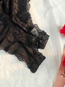 1pc Plus Size Women Lace Deep V Hollow Sexy Lingerie Jumpsuit