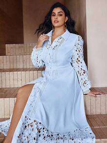 Simplee Plus Size Women's Elegant Lace Patchwork Front Button Long Dress, Suitable For Party And Vacation Wear, Spring/Summer - Blue - View 6