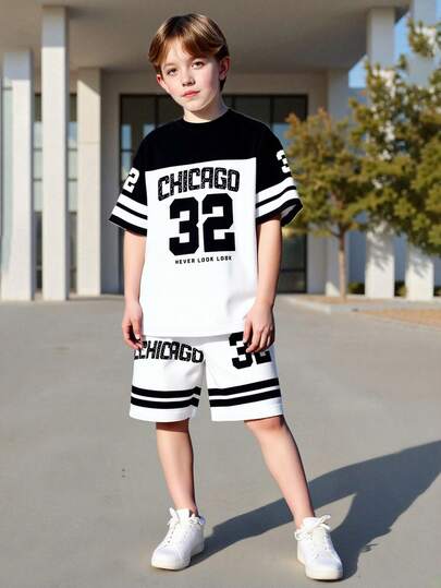 2pcs/Set Teenager Boys' Casual Striped Letter Print Round Neck Short Sleeve T-Shirt And Shorts, Fashion Sports Style, Comfortable For Daily Wear And Outdoor, Spring/Summer