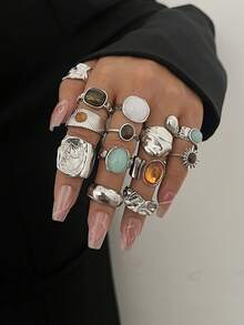 13件套时尚简约复古硬币戒指套装，镶嵌彩色仿宝石、仿虎眼石，不对称设计，适合女性佩戴，可用于度假、派对、婚礼、生日、节日、日常佩戴（不含包装盒） - 銀色 - 查看 3