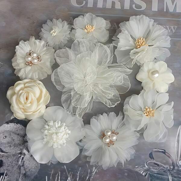 10 Elegant Beige And White Layered Fabric Flowers With Delicate Petals - 5-Layered Petals In Full Bloom, Central Part Made Of Durable Polyester, Suitable For DIY Weddings, Birthday Parties, Prom Decorations, Year-Round Centerpiece Arrangements, Wreaths, And Bouquets - Long-Lasting Artificial Flowers With Delicate Ruffled Petals And Realistic Textures