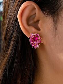 一对复古水钻花朵耳环，小众设计时尚通勤配饰，女士 - 彩色 - 查看 1