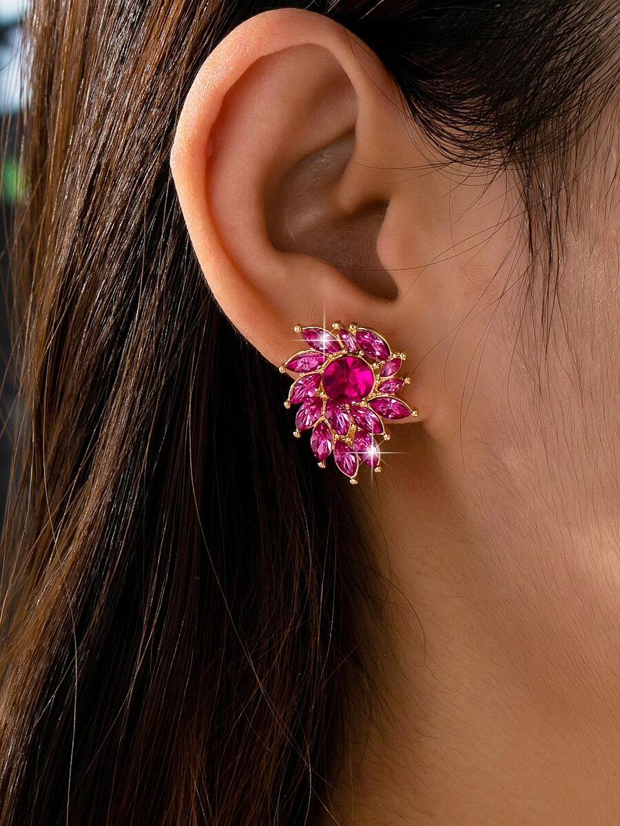 一对复古水钻花朵耳环，小众设计时尚通勤配饰，女士 - 彩色 - 查看 1