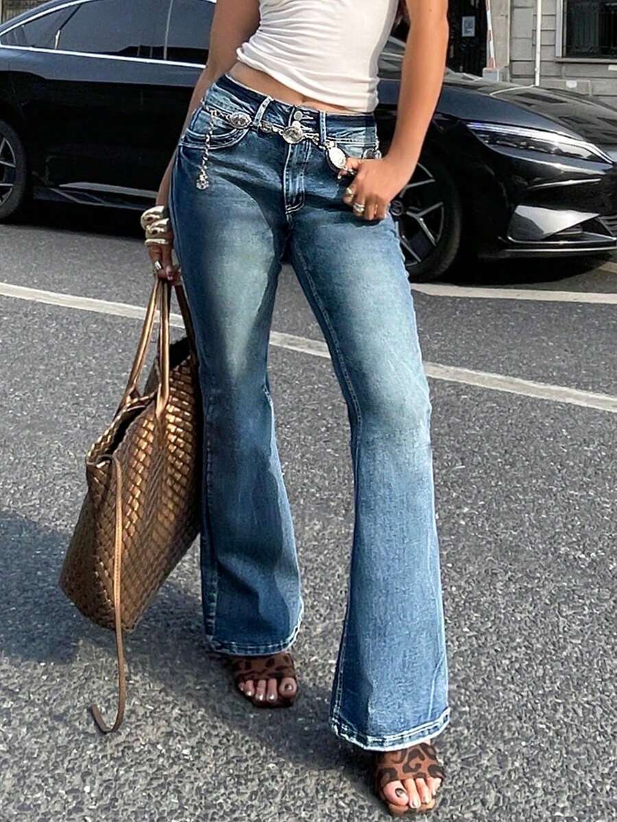 Women's Bootcut Jeans Stretchy Soft Comfortable Mid Waisted - Classic Retro 70s Flared Pants For Everyday Casual Wear - 深色水洗藍 - 查看 1