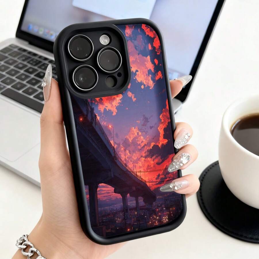 Cubierta de telefono con borde negro diseño de puesta de sol urbana sobre puente rojo y naranja para uso diario y trabajo - Café integral - Ver 1