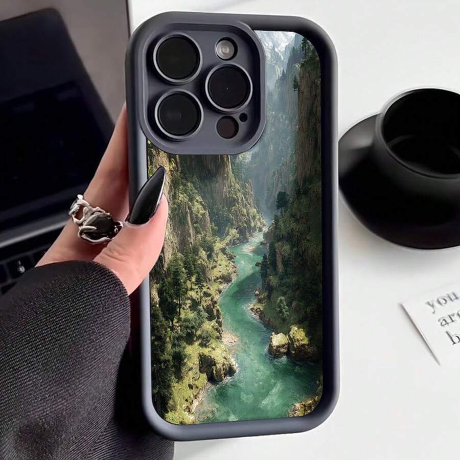 Cubierta de teléfono con borde negro diseño de paisaje montañoso con río verde para uso diario y viajes - Burdeos - Ver 1