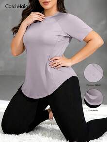 Plus Size Women Short Sleeve T-Shirt, Loose Fit Activewear Top, Suitable For Fitness, Yoga, And Casual Summer Wear Sports - Mauve Purple - View 2