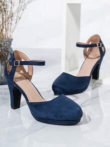 Wide Fit Strap Buckle Thick Heel High Heels, Solid Color Commuting Versatile Professional Party Formal Elegant Pumps - Blue - View 6