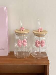 1个优雅玻璃杯，带盖和吸管，波浪条纹玻璃杯，适用于咖啡、茶、牛奶、冰美式咖啡和拿铁，可用作饮水杯，情人节礼物，返校礼物，家居厨房餐具 - 彩色 - 查看 5