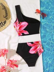 Bộ bikini in họa tiết 2 mảnh dành cho nữ, thích hợp cho kỳ nghỉ hè ở bãi biển - màu đen - Xem 2
