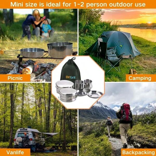 8Pcs Backpacking Camping Cookware Picnic Camp Cooking Cook Set For Hiking (8pcs/Set, 410 Stainless Steel)