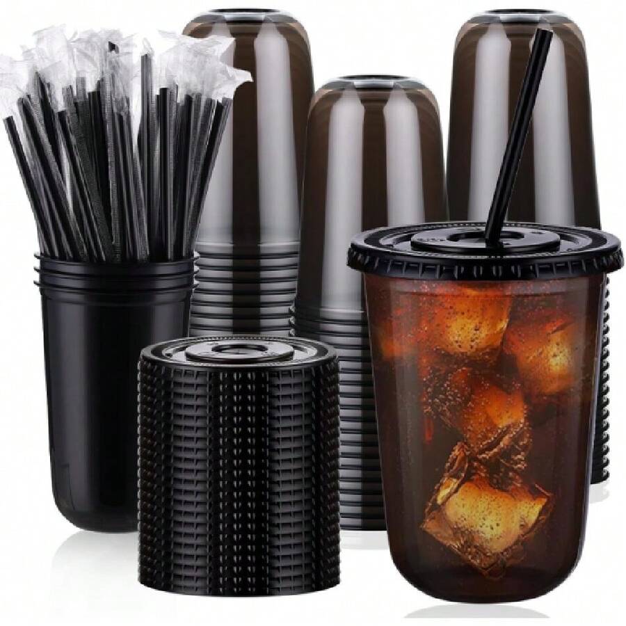 100 Set 16oz Plastic Cups With Lids And Straws, Black Clear Iced Coffee Cup With Lid, Round Bottom Plastic To Go Cups For Cold Drinks Slushie Smoothie Halloween Party Shop Supplies,27896928 - 黑色 - 查看 1