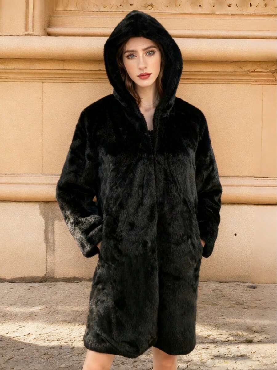 Women's Winter Coats Elegant Women's Black Faux Fur Long Sleeve Midi Coat Featuring A Hood, And Pockets Suitable For Christmas, New Year - Black - View 1