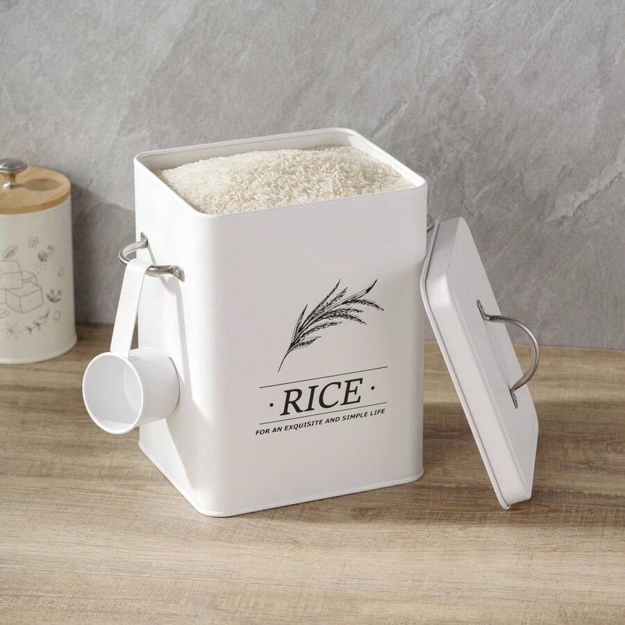 1 Metal Rice Bucket, Large Capacity Grain Storage Tank, Moisture-Proof And Insect-Proof Sealed Jar, Suitable For Rice, Grain, Wheat Flour, Dog Food, Pet Food, Household Fresh-Keeping Rice Warehouse, Kitchen Supplies - White - View 1
