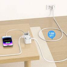 4-en-1 Multiprise portable, 2 prises AC, 1 port USB et 1 port Type-C, cordon d'extension de 6 pieds, conception légère, convient pour la maison, le bureau, le dortoir, les voyages, gris clair - Prise de type F UE (220-240 V) - Voir 6