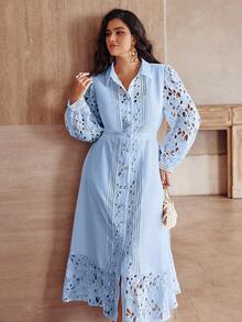 Simplee Plus Size Women's Elegant Lace Patchwork Front Button Long Dress, Suitable For Party And Vacation Wear, Spring/Summer - Blue - View 3