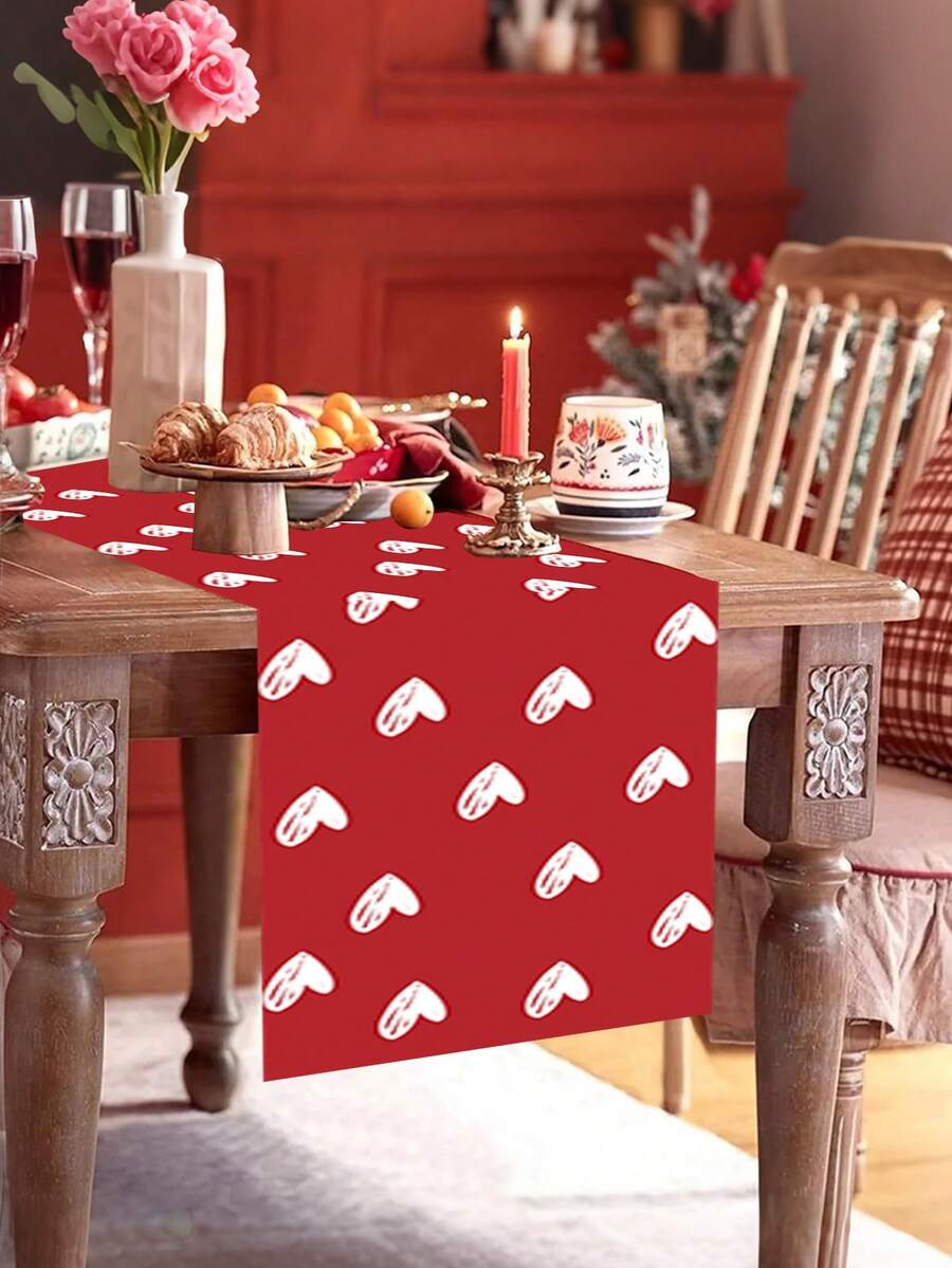情人节礼物 红色心形桌旗，浪漫氛围餐桌布，中国新年和圣诞节装饰，加厚涤纶纤维，耐热防水 - 彩色 - 查看 1