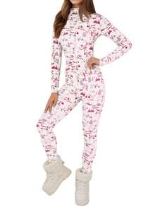 Womens Thermal Underwear Set Long Johns Tops & Bottoms Winter Slim Graphic Printed Ski Base Layer Sets - 紅色 - 查看 1
