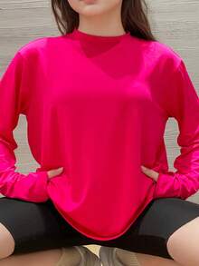 Camisa de mujer talla grande con mangas largas y hombros caídos, color liso negro, de estilo relajado y holgado, para sentir la pereza y la comodidad en otoño e invierno, para uso diario - Rosa Fucsia - Ver 4